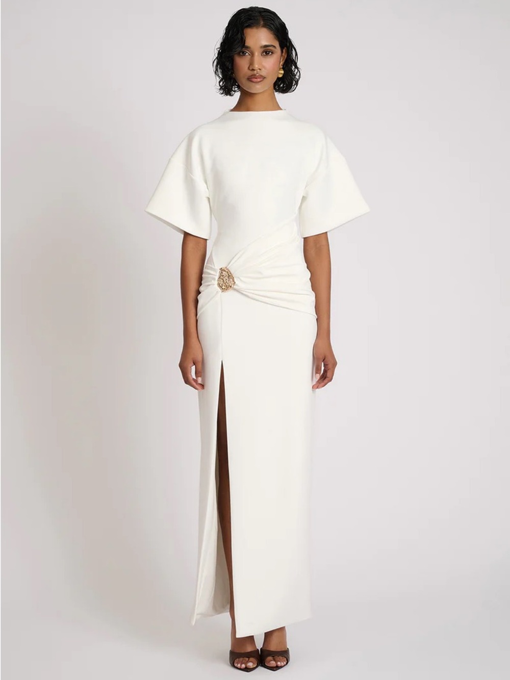 Ivory Knot-Detail Maxi Dress with Front Slit